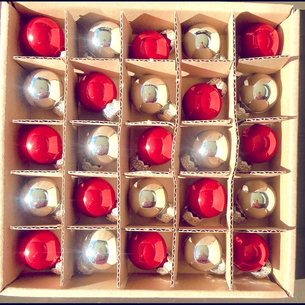 25 Mini Glass Christmas Tree Red and Silver Ball Ornaments